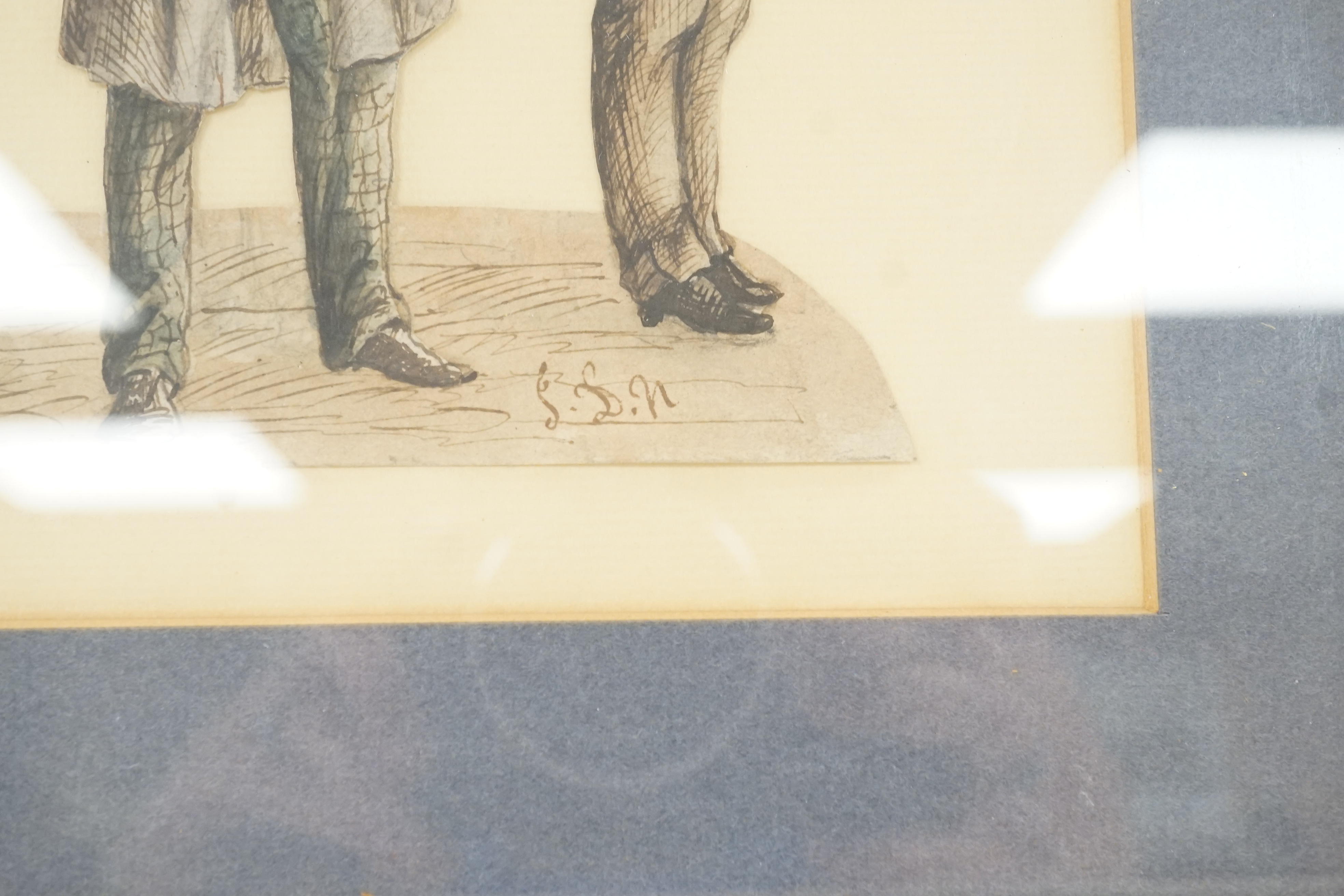 J.D. Nichols (19th C.), four ink and watercolour cut-out studies of musicians and dancers, signed and initialled, largest 17 x 22cm